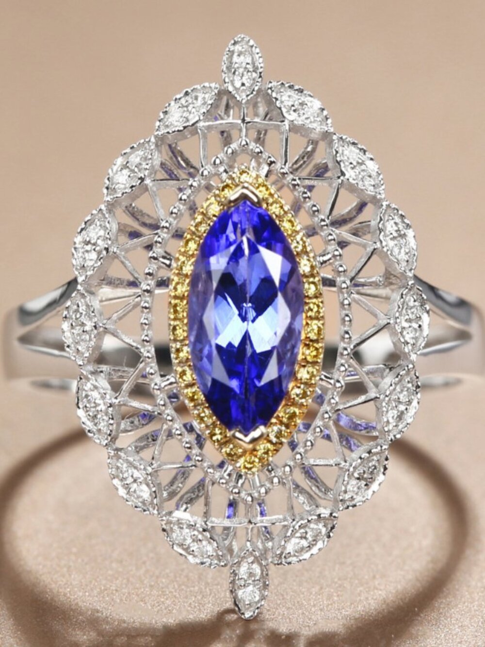 14K WHITE GOLD BLUE SAPPHIRE OVAL ROYAL MARQUISE CUT CZ HOLLOW RING, WAAL1333